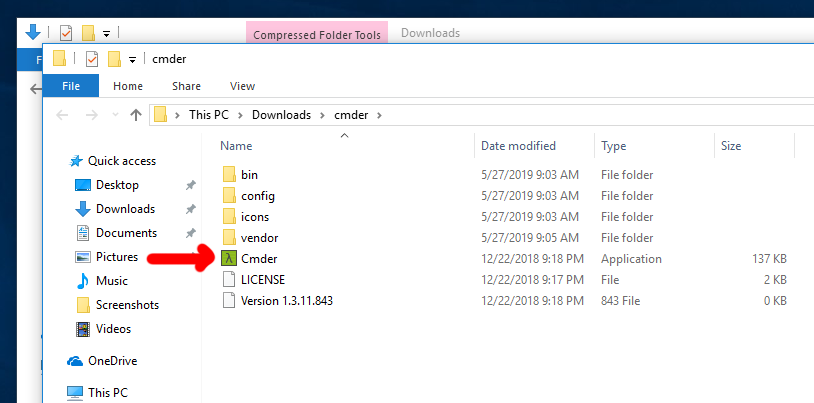 Double-click Cmder to run it