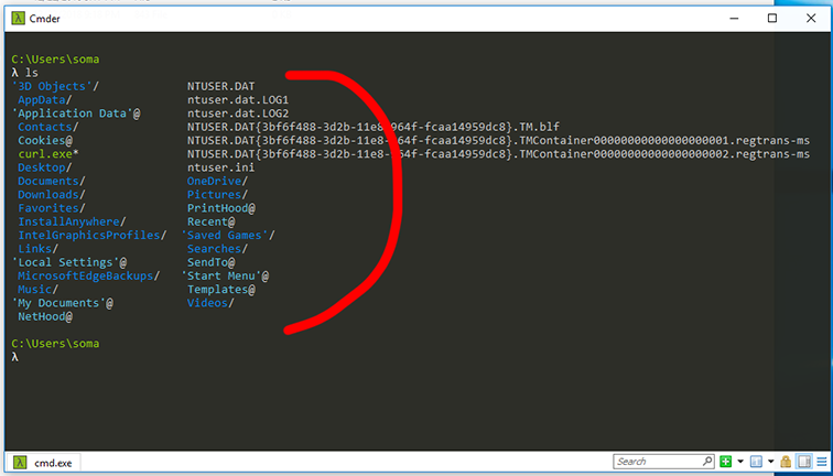When you type ls, your Cmder window will show a list of files